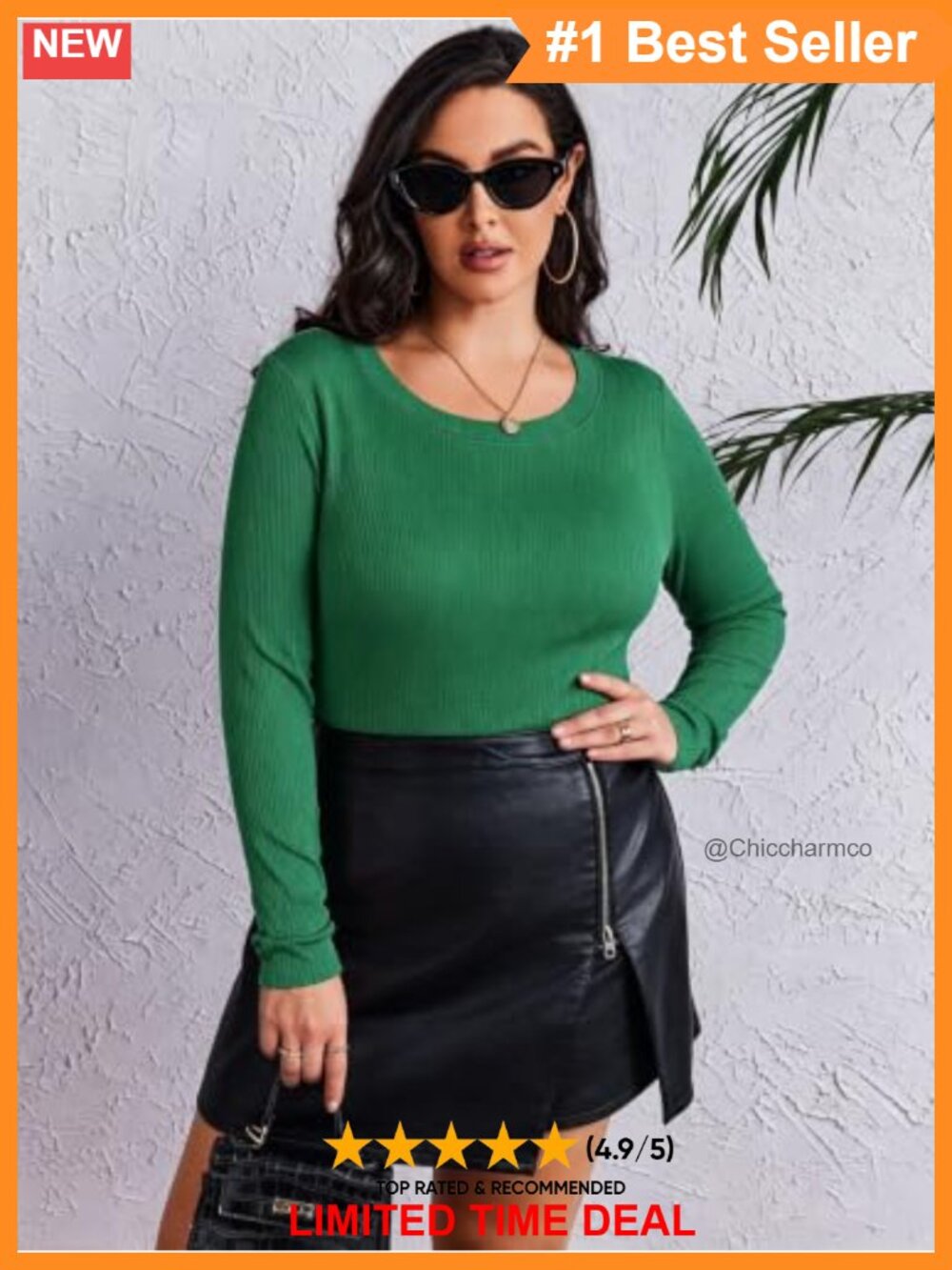 Plus Size Long Sleeve Ribbed Knit Top Crew Neck Fitted Tee - Picture 3 of 6